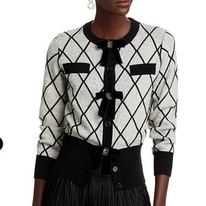 Nancy Yang Embellished Velvet Bow Knit Pattern Cardigan, Lots of stretch, NWT